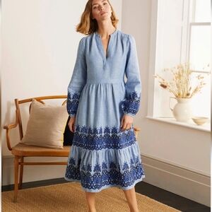 Boden Eden Embroidered Linen Dress - Grey Blue Chambray